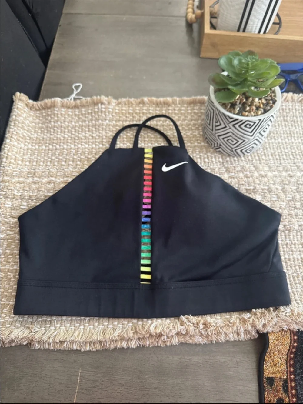 Nike Black High-Neck Sports Bralette with Rainbow Center Trim